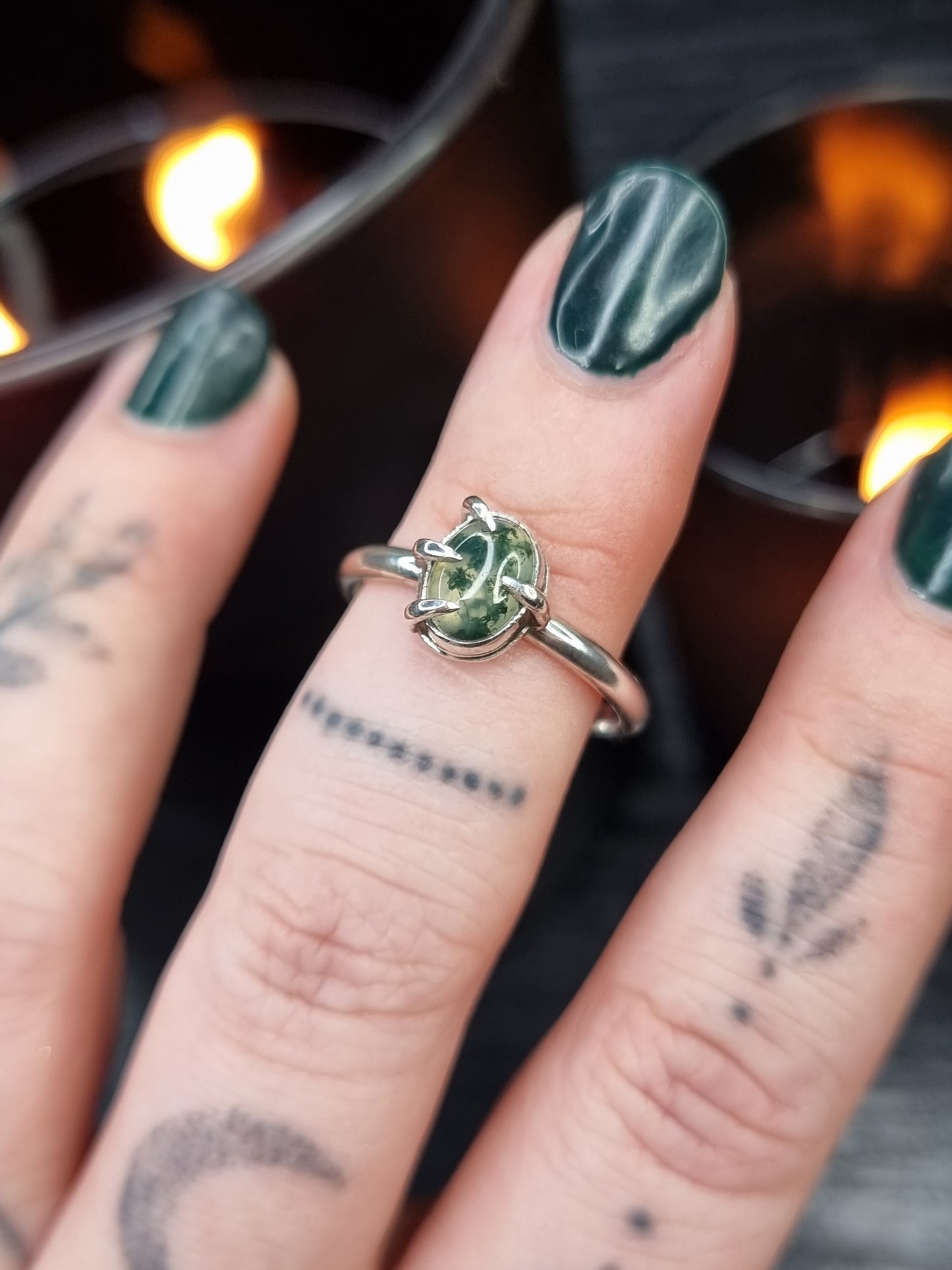 Moss Agate Clawed Ring (UK R)