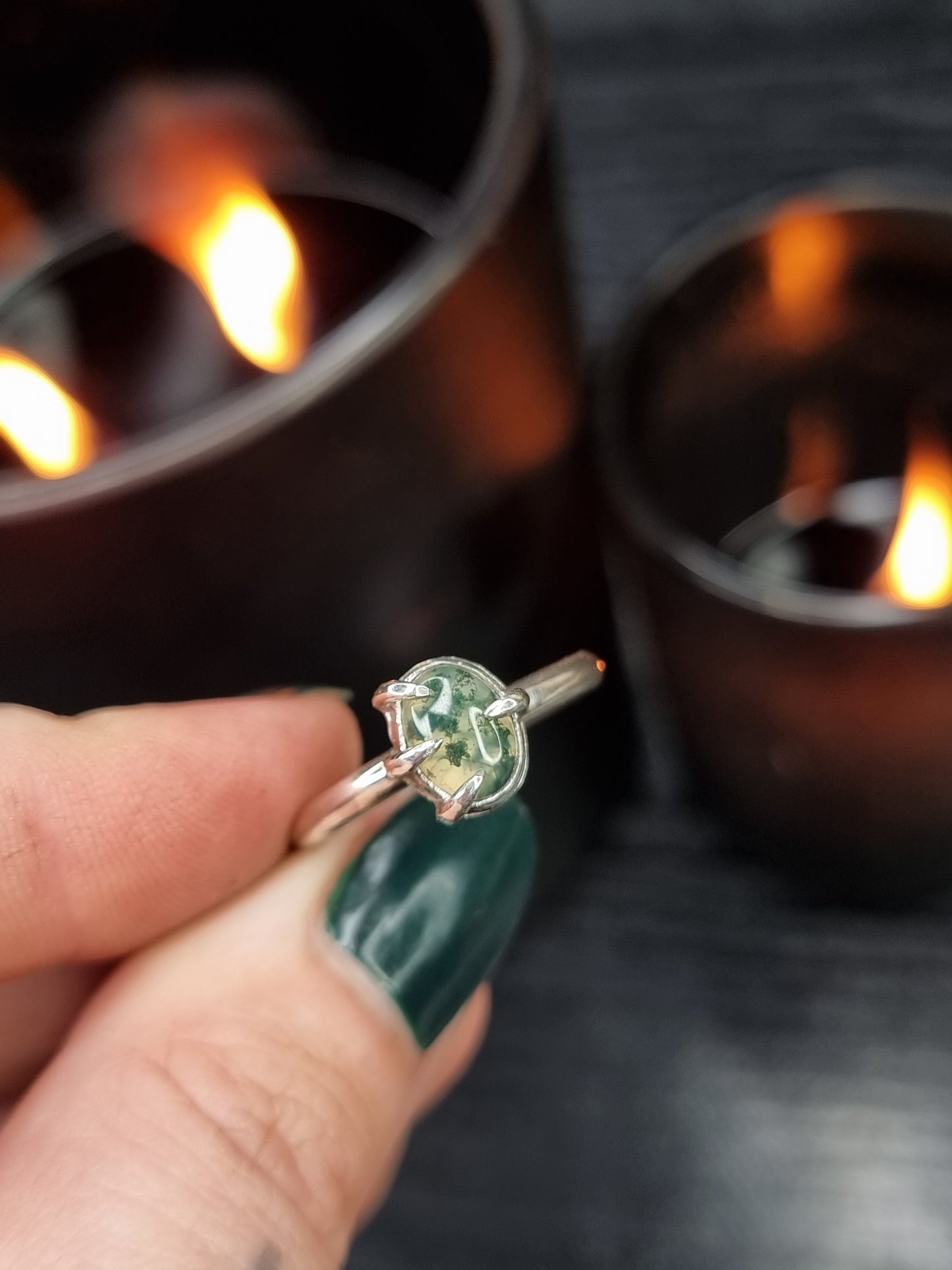 Moss Agate Clawed Ring (UK R)